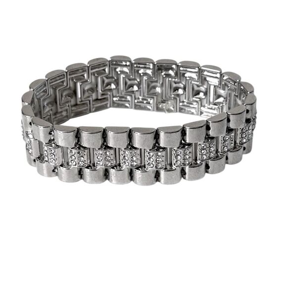 Silver-tone band stretch bracelet with CZ accents.  8.5” circumference - Picture 1 of 9